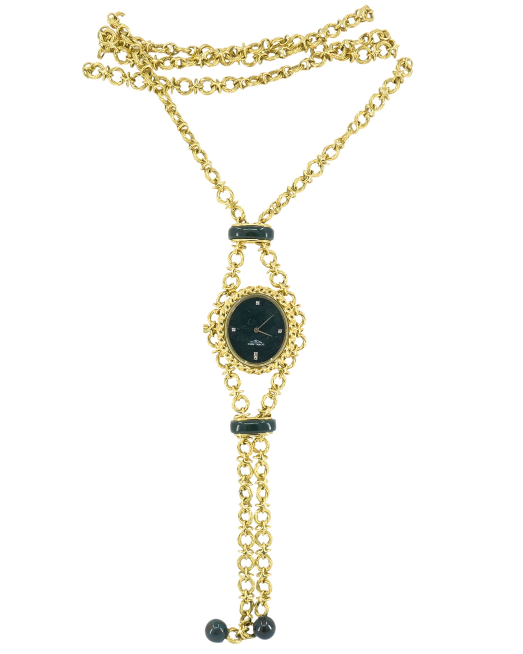 Vintage Diamond Longines Watch Pendant Bloodstone 18k Gold Chain Necklace