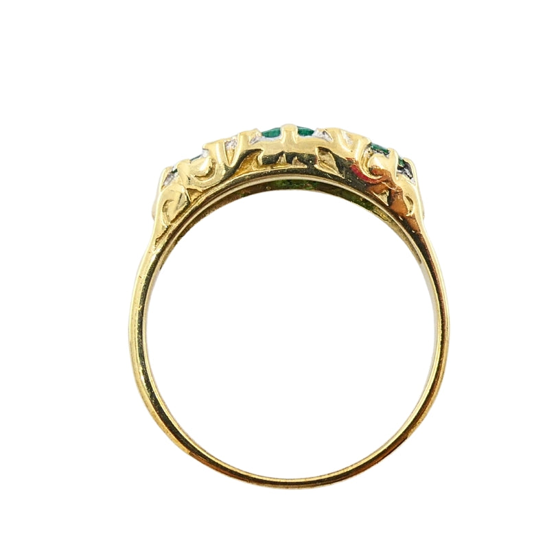 Vintage 9k Gold Emerald Diamond Three-Stone Ring