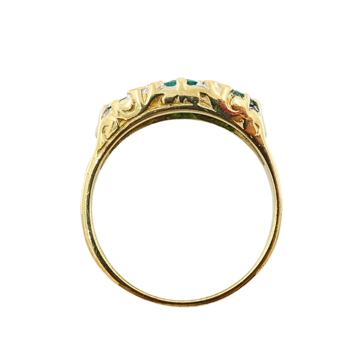 Vintage 9k Gold Emerald Diamond Three-Stone Ring