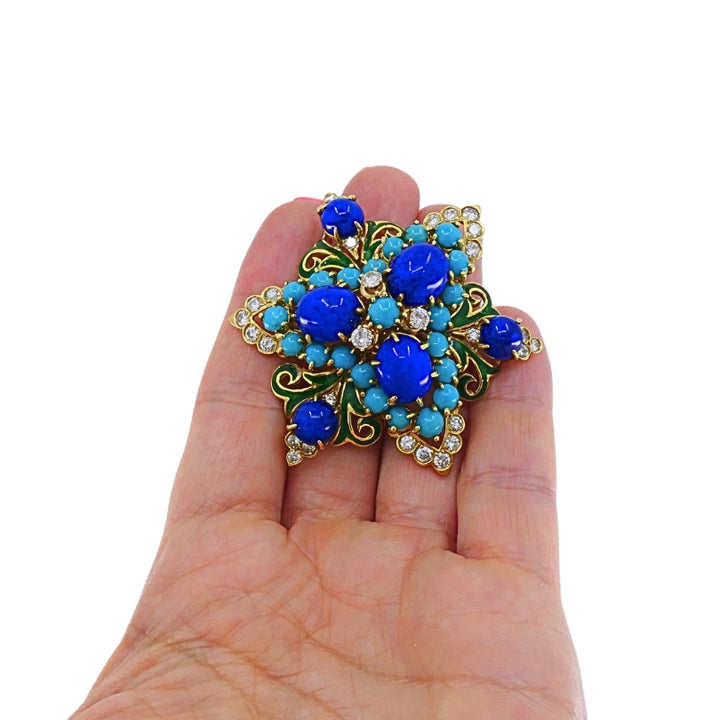 Vintage 14k Gold Lapis Lazuli Turquoise Diamond Brooch & Earrings Set
