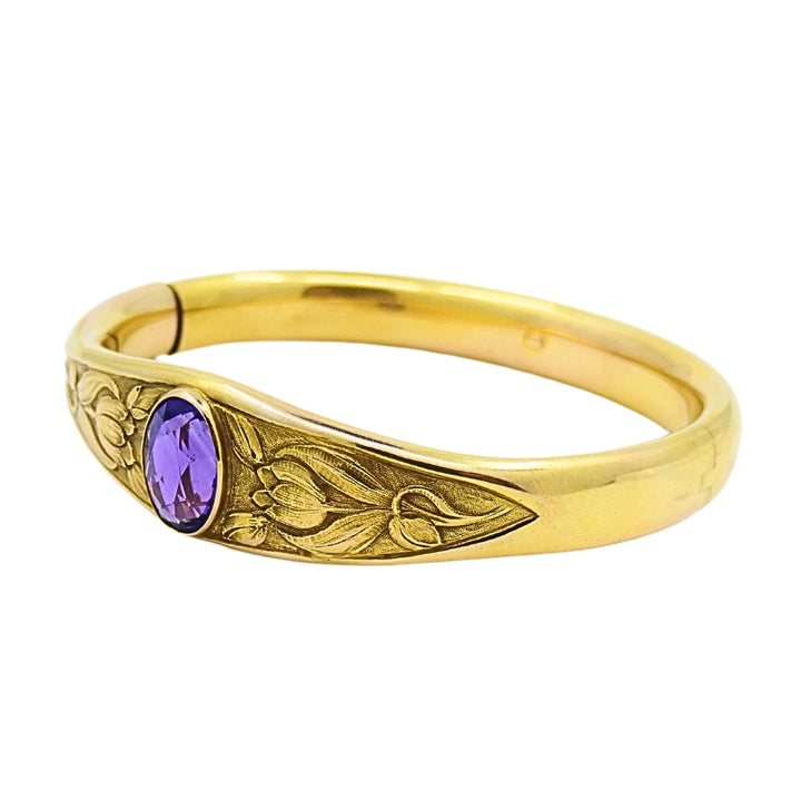 Riker Brothers Art Nouveau 14k Gold Bangle Amethyst Bracelet