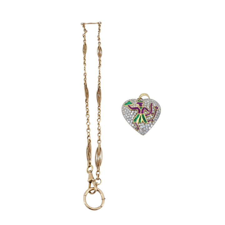 Vintage Heart Pendant Diamond Platinum Indian Mythology Motif 14k Chain
