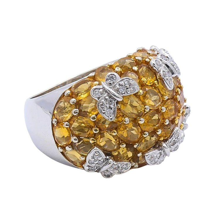 14k White Gold Citrine Diamond Butterfly Dome Ring