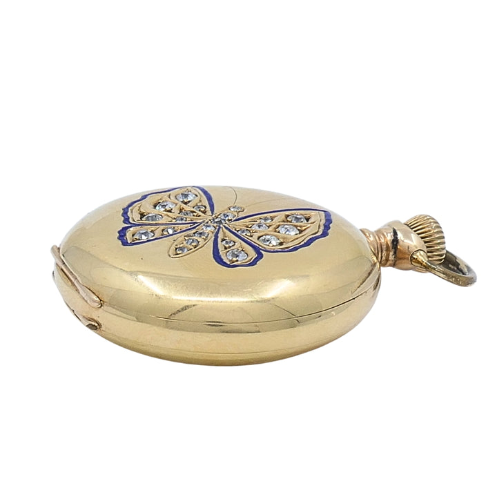 Antique Elgin 14K Gold Keystone Hunter Case Pocket Watch Diamond Butterfly