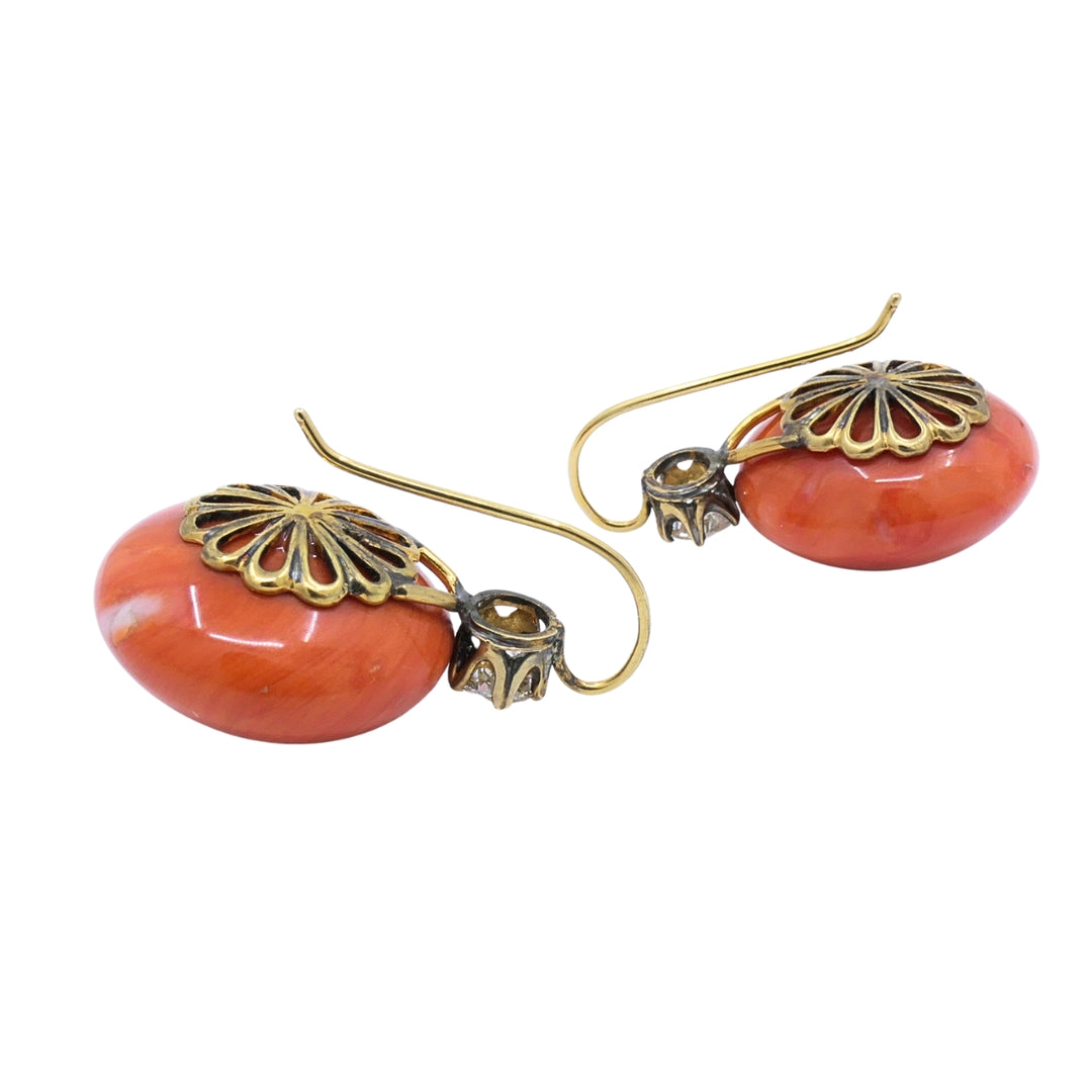 Antique Victorian 14k Gold Coral Diamond Drop Earrings, 1890 - 1900
