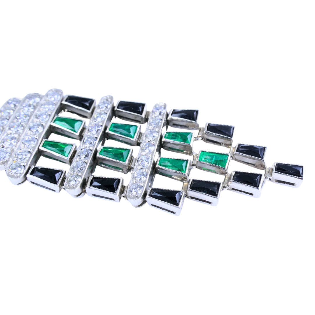 Diamond Emerald Onyx Dangle Earrings Art Deco Revival