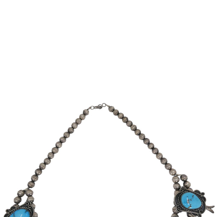 Navajo Native Indian Sterling Silver Turquoise Squash Blossom Necklace