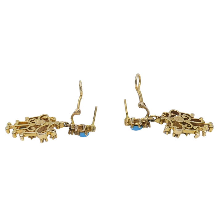 14k Yellow Gold Turquoise Diamond Scrollwork Drop Earrings