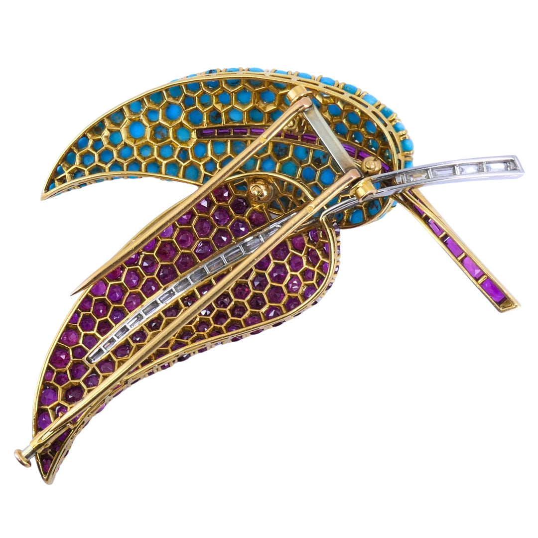 18k Gold Turquoise Ruby & Diamond Vintage Brooch and Earrings Set French Jewelry