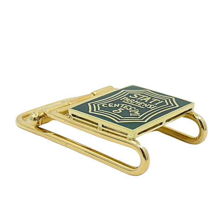 Vintage Belt Buckle Pendant 14k Gold Green Enamel