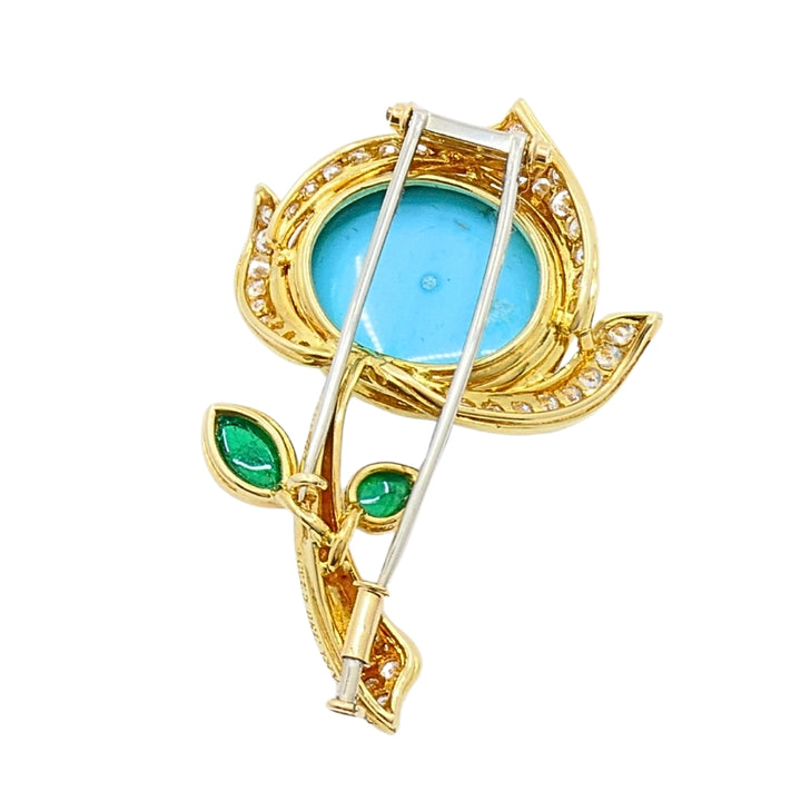 Bvlgari Bulgari 18k Gold Turquoise Flower Brooch Emerald Diamond Accents