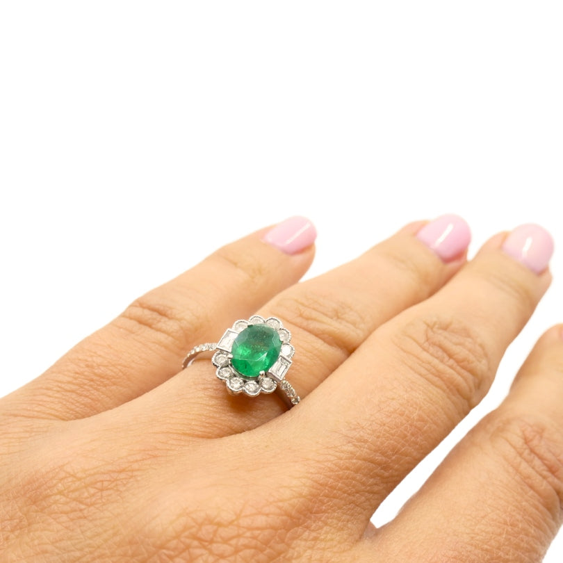 Emerald Ring 14k Gold Diamond Cluster Ring