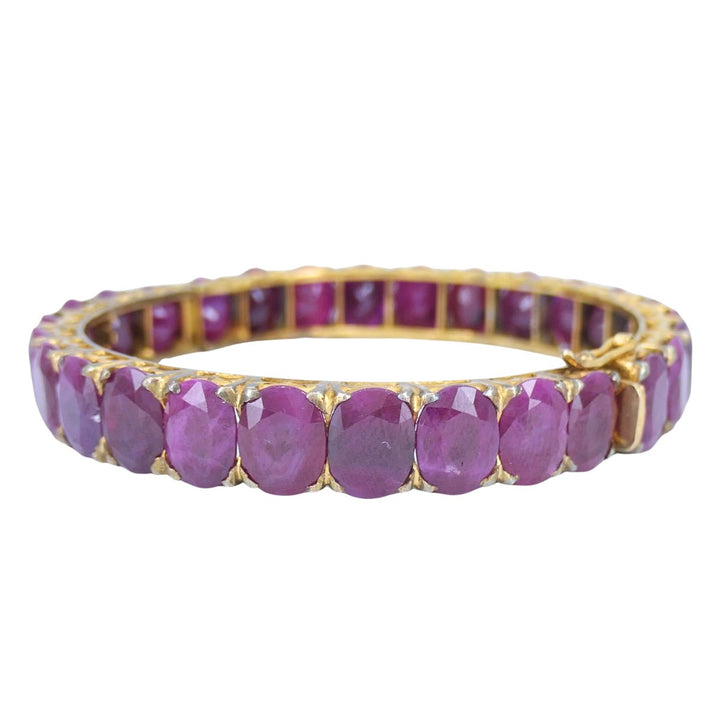 Vintage 18k Gold Ruby Hinged Bangle Bracelet Mid 20th century