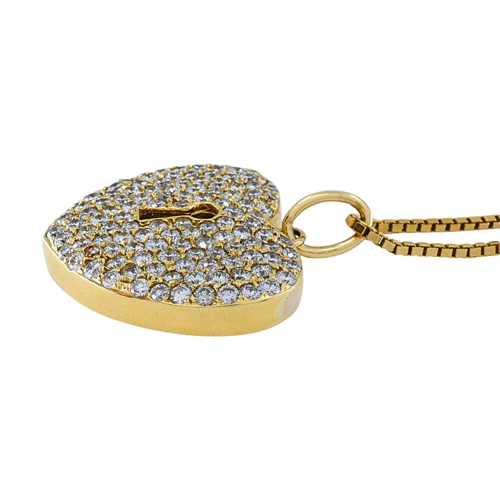 Vintage 18k Gold Pavé Diamond Heart Lock Pendant Necklace 14k Box Chain