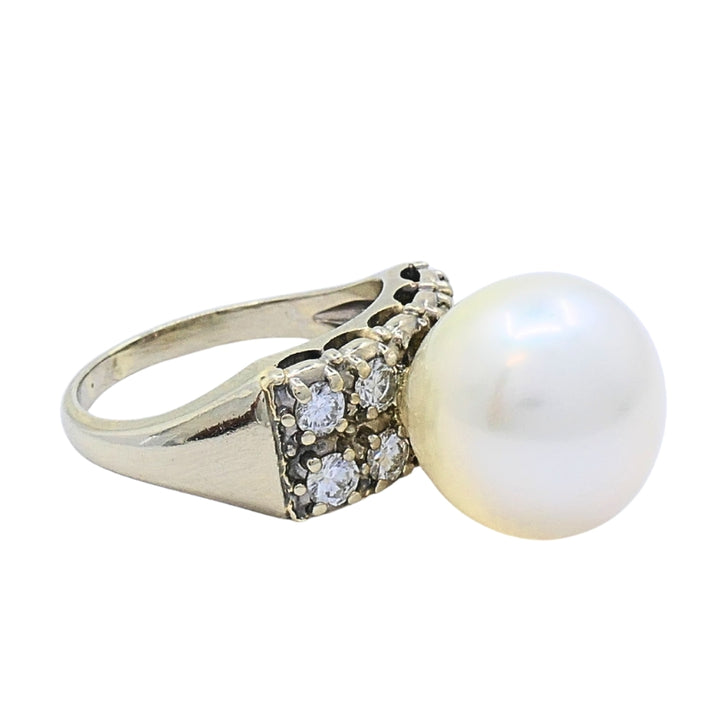 Vintage Pearl Diamond Ring 14k White Gold