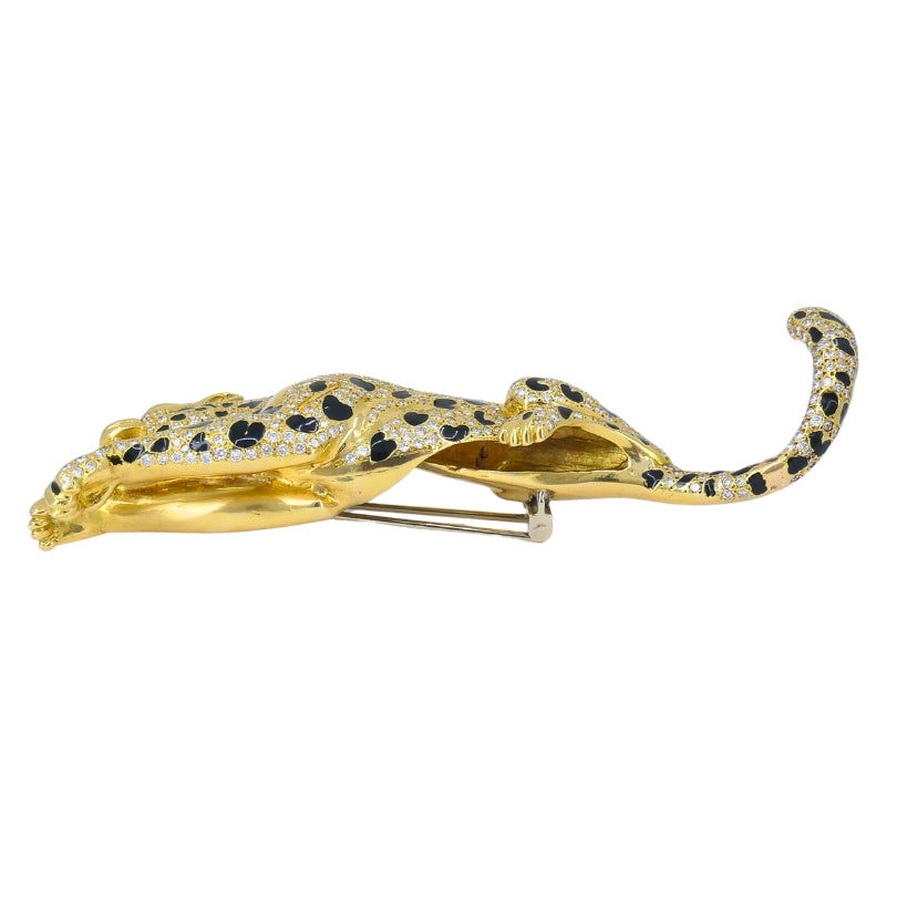 Vintage Panther Enamel Brooch 18k Gold Diamond Emerald