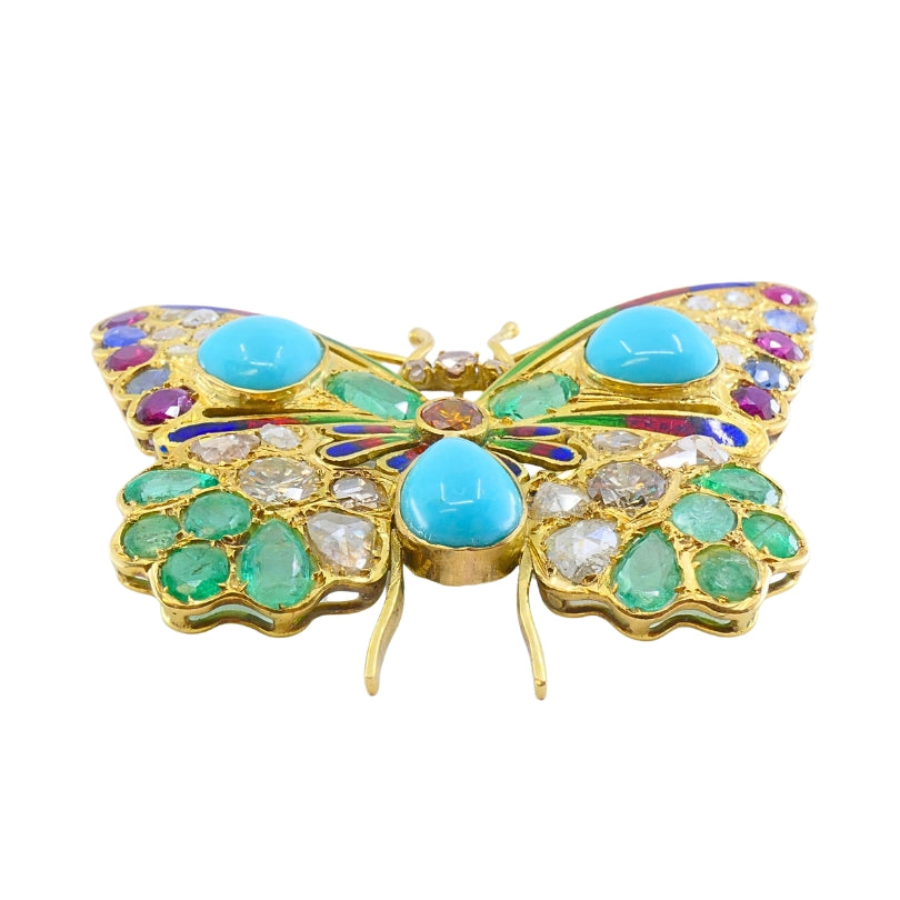 Vintage 18k Gold Multigem Butterfly Brooch Statement Insect Jewelry
