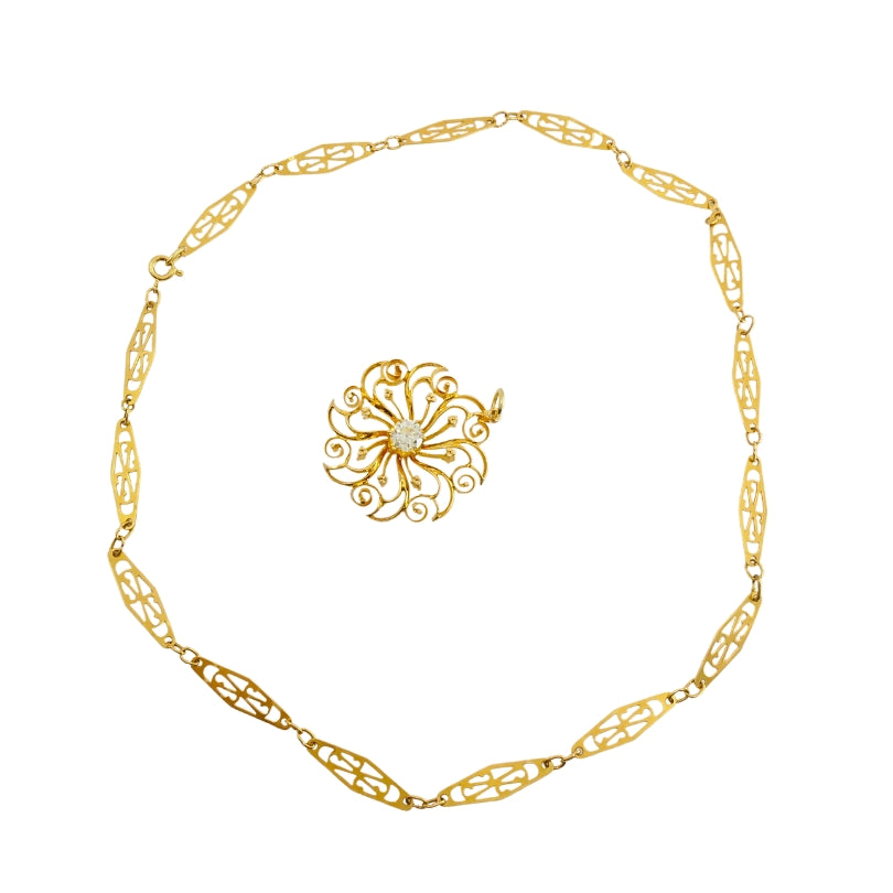 14k Diamond Pendant 18k Openwork Filigree Chain Necklace