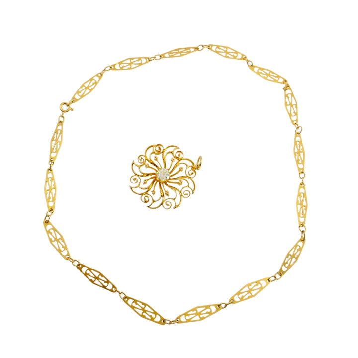 14k Diamond Pendant 18k Openwork Filigree Chain Necklace