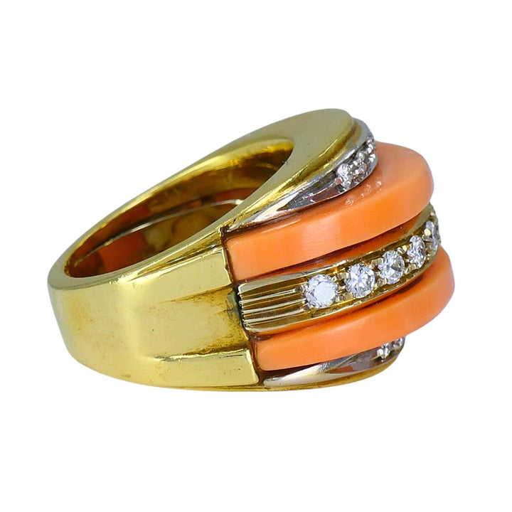 Vintage Italian 18k Gold Coral Diamond Ring