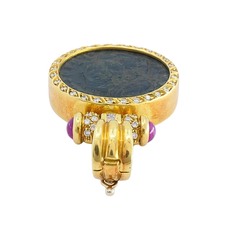 Ancient Coin 18k Gold  Diamond  Ruby Pendant