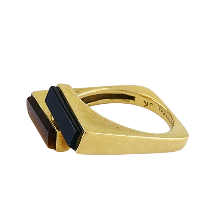 Vintage Tiffany & Co. 18k Gold Onyx Tiger's Eye Modernist Bypass Ring