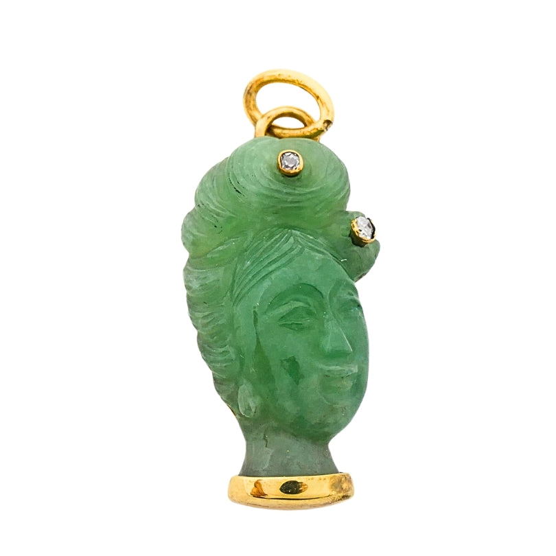 Vintage 14k Gold Carved Jade Lady’s Head Charm Pendant Diamond Accents