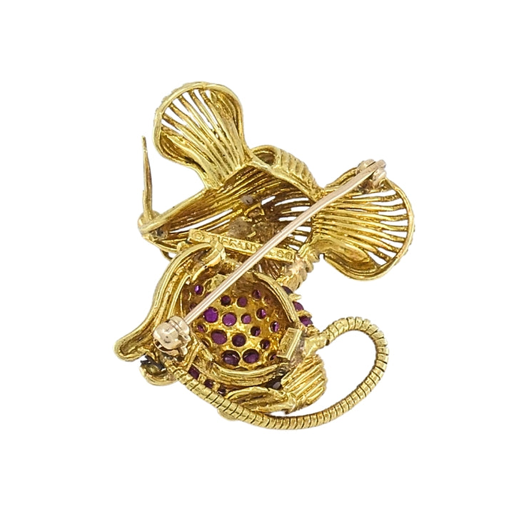 Tiffany & Co. 18K Gold Ruby Emerald Mouse Brooch