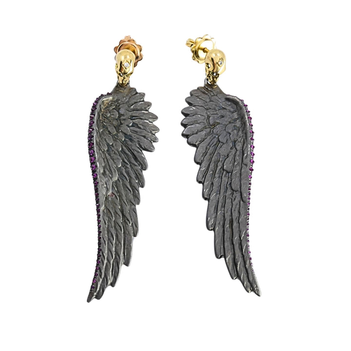 Theodoros 18k Gold & Sterling Silver Ruby Wing Skull Earrings