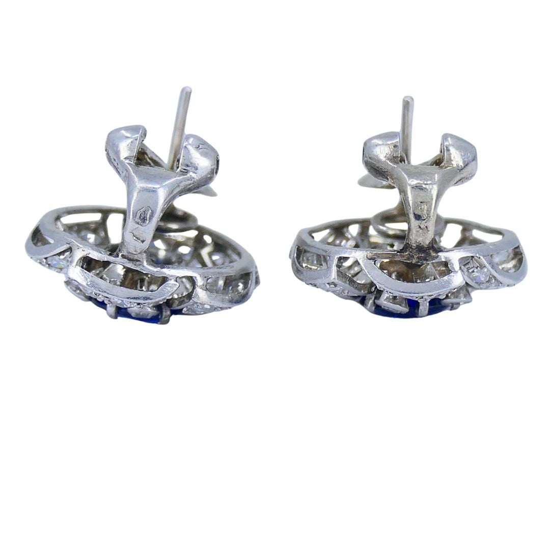 Vintage French Sapphire Diamond Platinum 18k White Gold Cluster Earrings