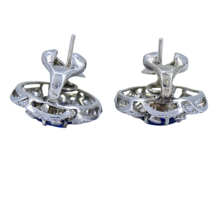 Vintage French Sapphire Diamond Platinum 18k White Gold Cluster Earrings