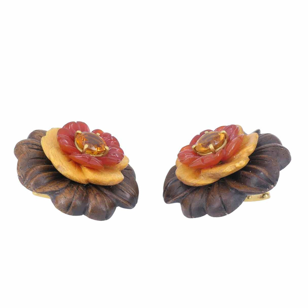 Bettina Gabetti for Trianon Flower Earrings 18k Gold Wood Carnelian Citrine