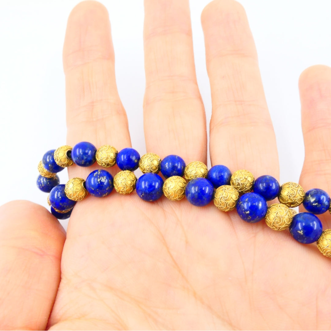 Vintage Choker Necklace 14k Textured Gold Lapis Lazuli Beads