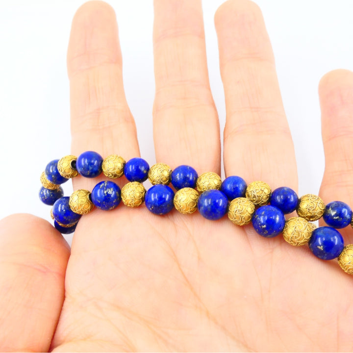 Vintage Choker Necklace 14k Textured Gold Lapis Lazuli Beads