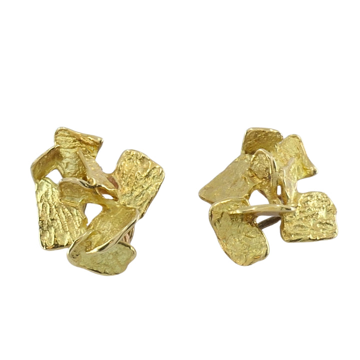 Vintage 18k Gold Modernist Abstract Floral Design Textured Clip-On Earrings