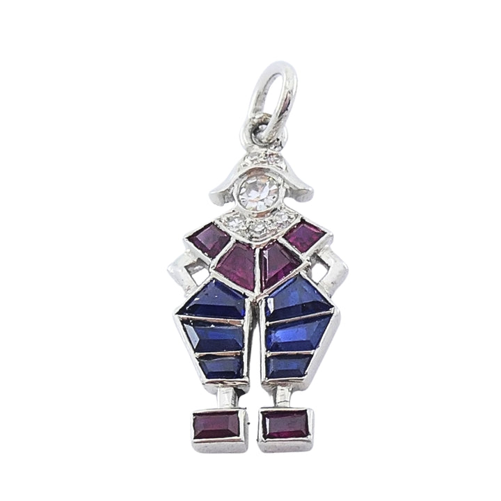 Antique Platinum Pierrot Charm Diamond & Calibré-Cut Gemstones