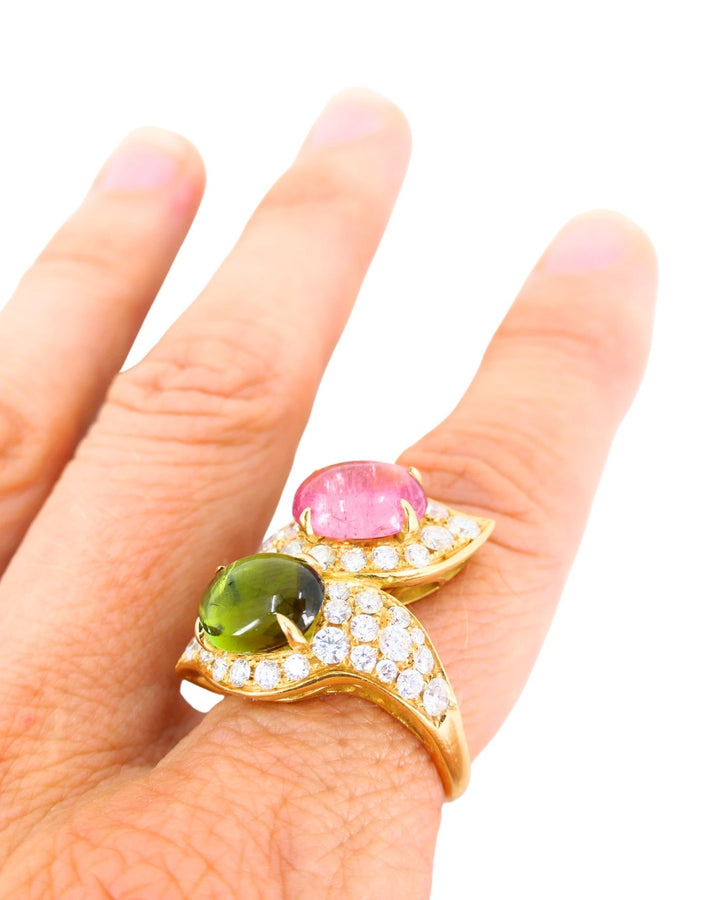 Bvlgari Vintage Bulgari Bypass Ring 18k Gold Diamond Cabochon Gemstones
