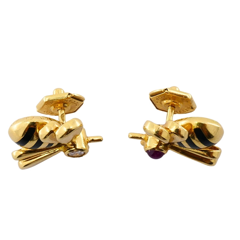 Cartier 18k Gold Bee Stud Earrings Ruby Diamond Accents