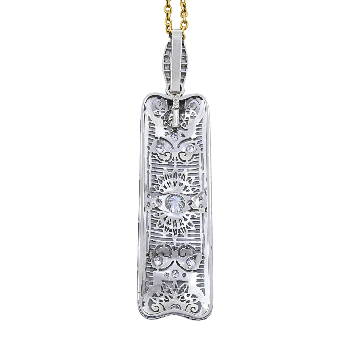 Art Deco Platinum Diamond Filigree Pendant 14k Gold Chain Necklace