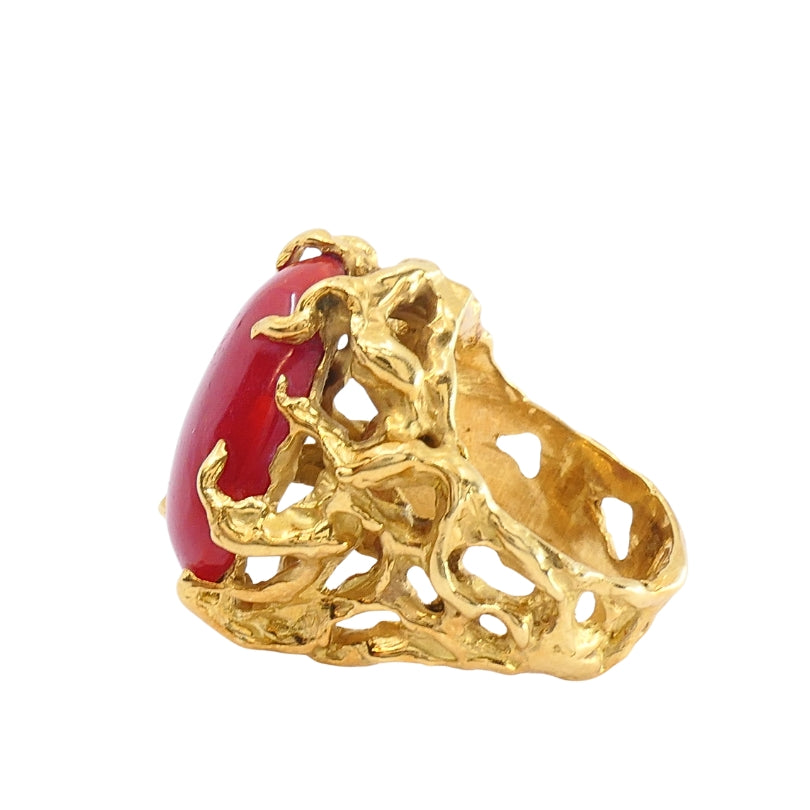 Arthur King 18k Gold Brutalist  Coral Cabochon Cocktail Ring