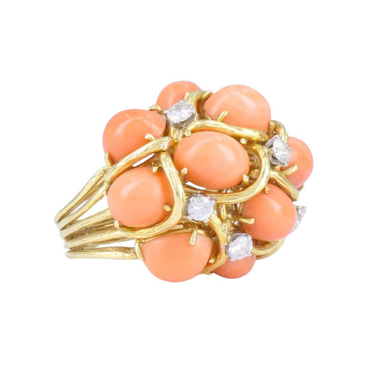 David Webb 18k Gold Coral Diamond Cocktail Dome Ring