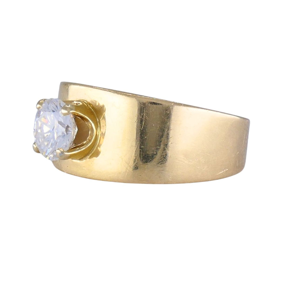 Vintage 1970s 14k Yellow Gold Round Brilliant Solitaire Diamond Wide Band Ring