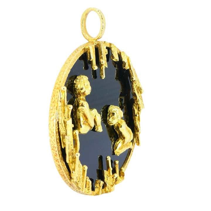 Vintage Kutchinsky 18k Gold Onyx Gemini Zodiac Pendant, Original Box