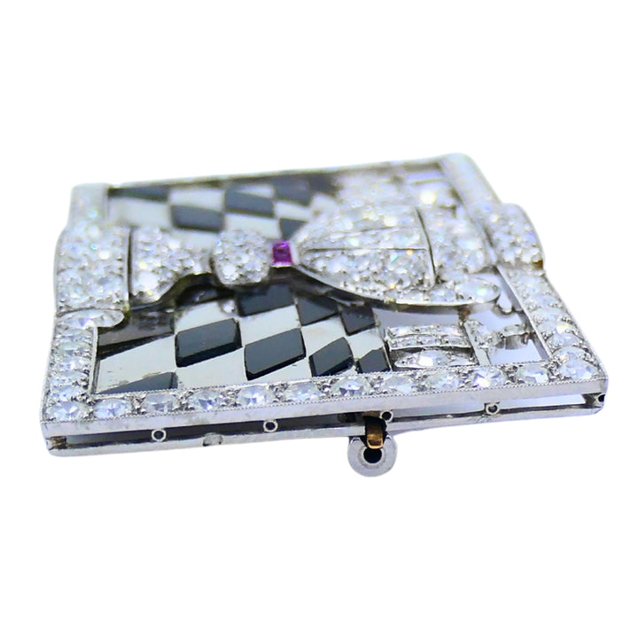 Art Deco Platinum Diamond Brooch Black Onyx Ruby 1920s Vintage Jewelry