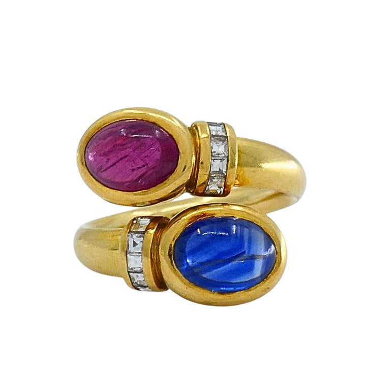 French 18k Gold  Ruby Sapphire Diamond Bypass Ring