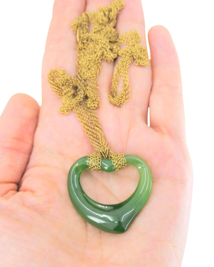 Tiffany & Co. Elsa Peretti 18k Gold Jade Open Heart Pendant Mesh Necklace