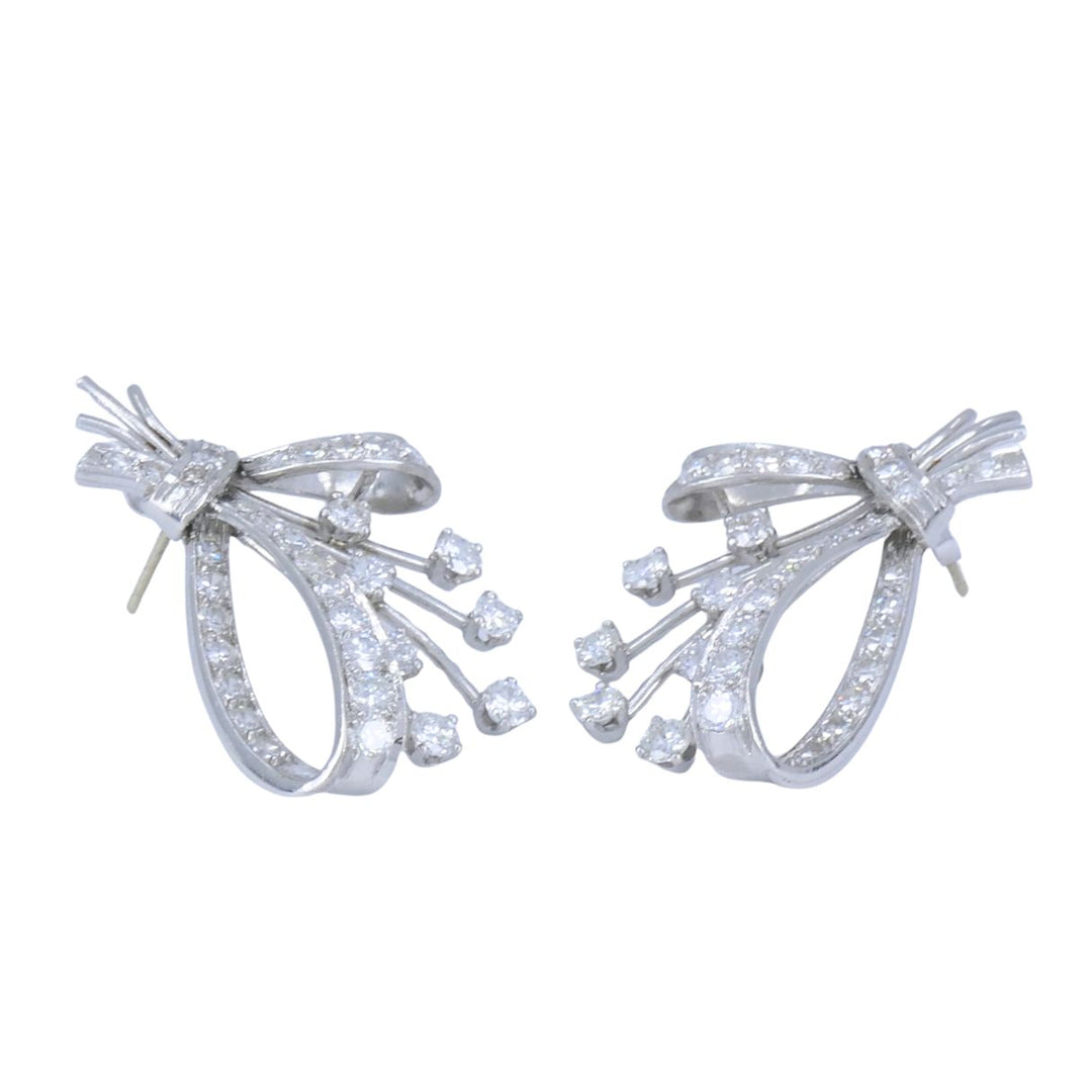 Mid Century Platinum Diamond Spray Earrings 4.30 Carats Bow Motif Gold Posts