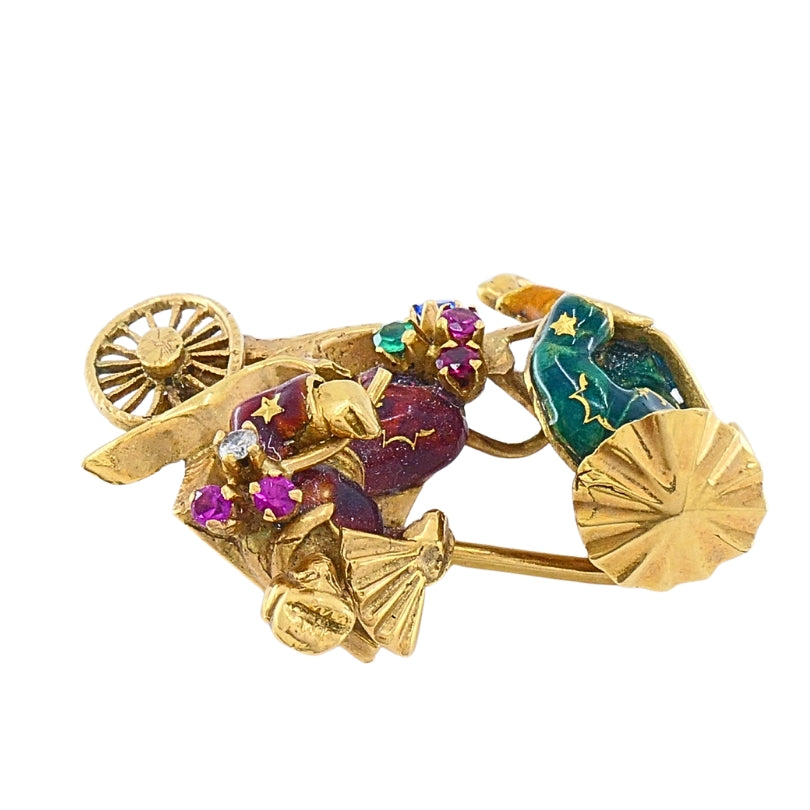 Vintage 18k Gold Riksha Brooch Pin Enamel Gemstone Accents