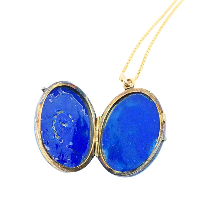 Victorian 14k Gold Necklace Blue Enamel Locket Pendant