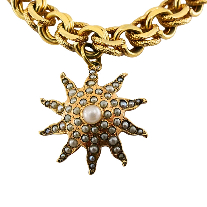 Victorian 14k Gold  Link Bracelet  Enamel Pearl & Engraved Charms